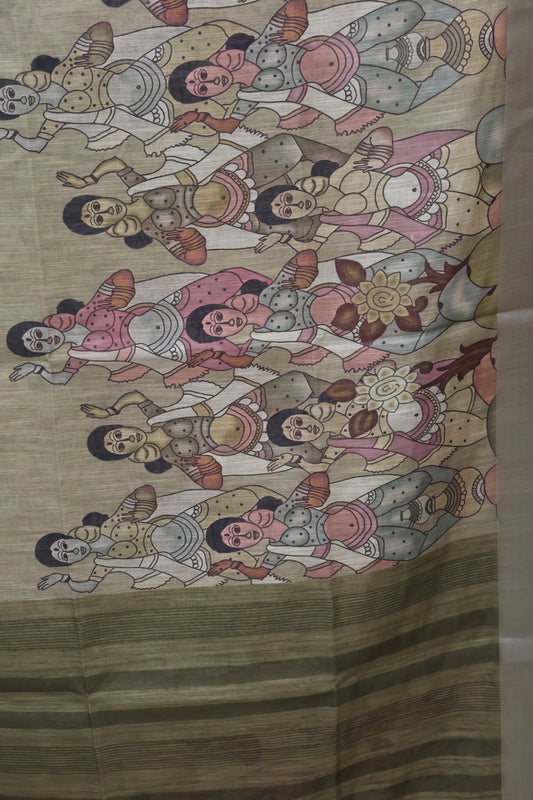 Semi Linen Saree - Penn kalamkari Pattern- Mehandi Green