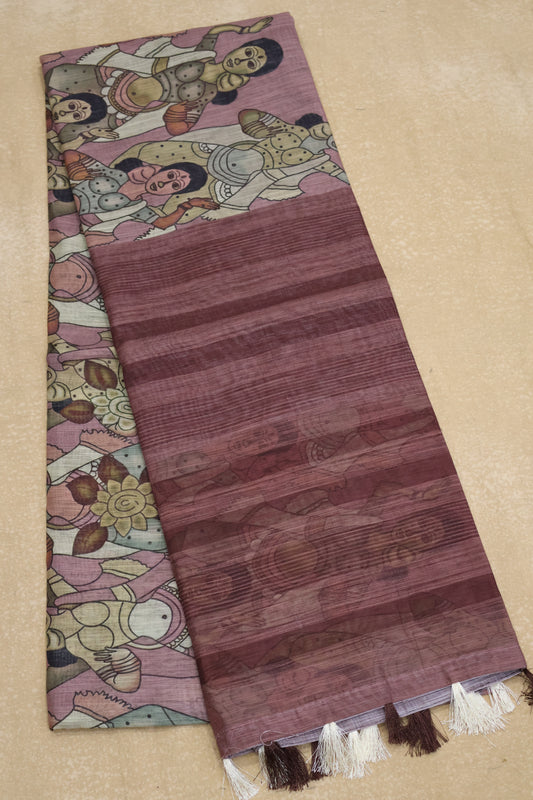 Semi Linen Saree - Penn kalamkari Pattern- Brown