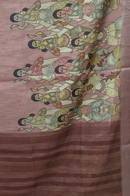 Semi Linen Saree - Penn kalamkari Pattern- Brown