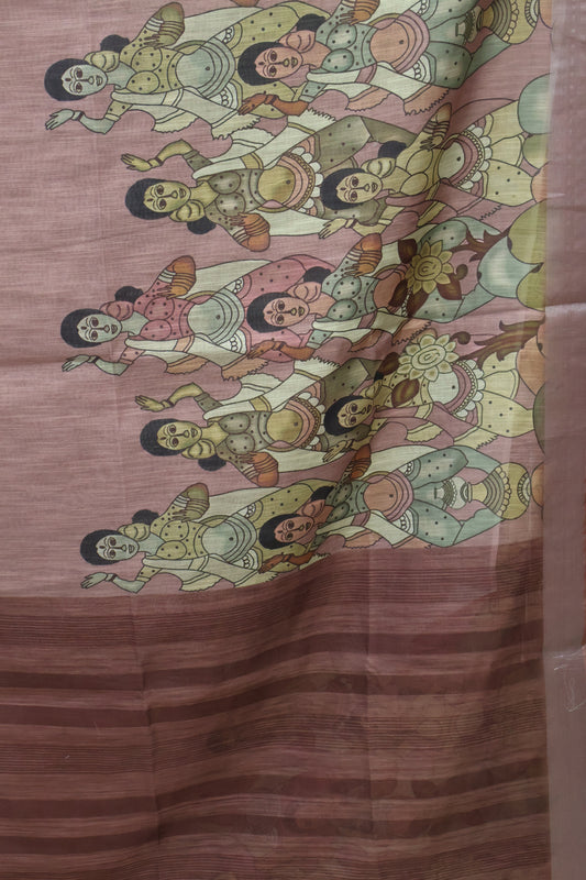 Semi Linen Saree - Penn kalamkari Pattern- Brown