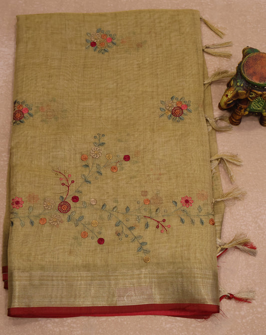 Tissue Linen Saree Floral - Light Khaki