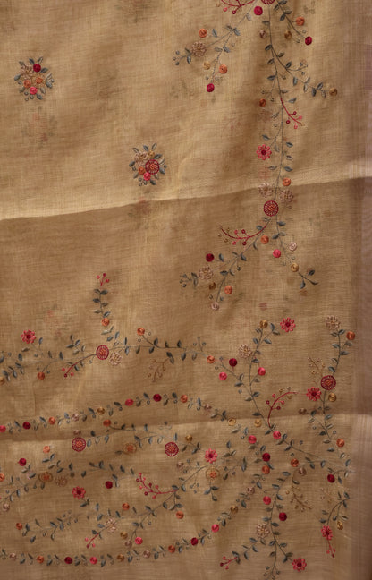 Tissue Linen Saree Floral - Light Khaki