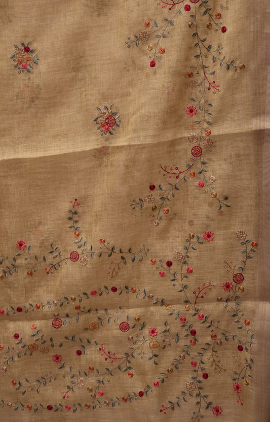 Tissue Linen Saree Floral - Light Khaki