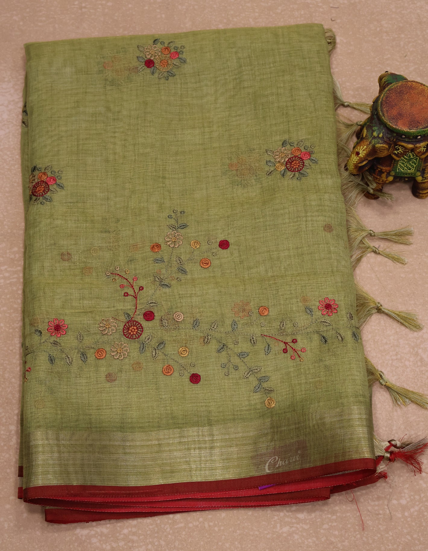 Tissue Linen Saree Floral - Light Green