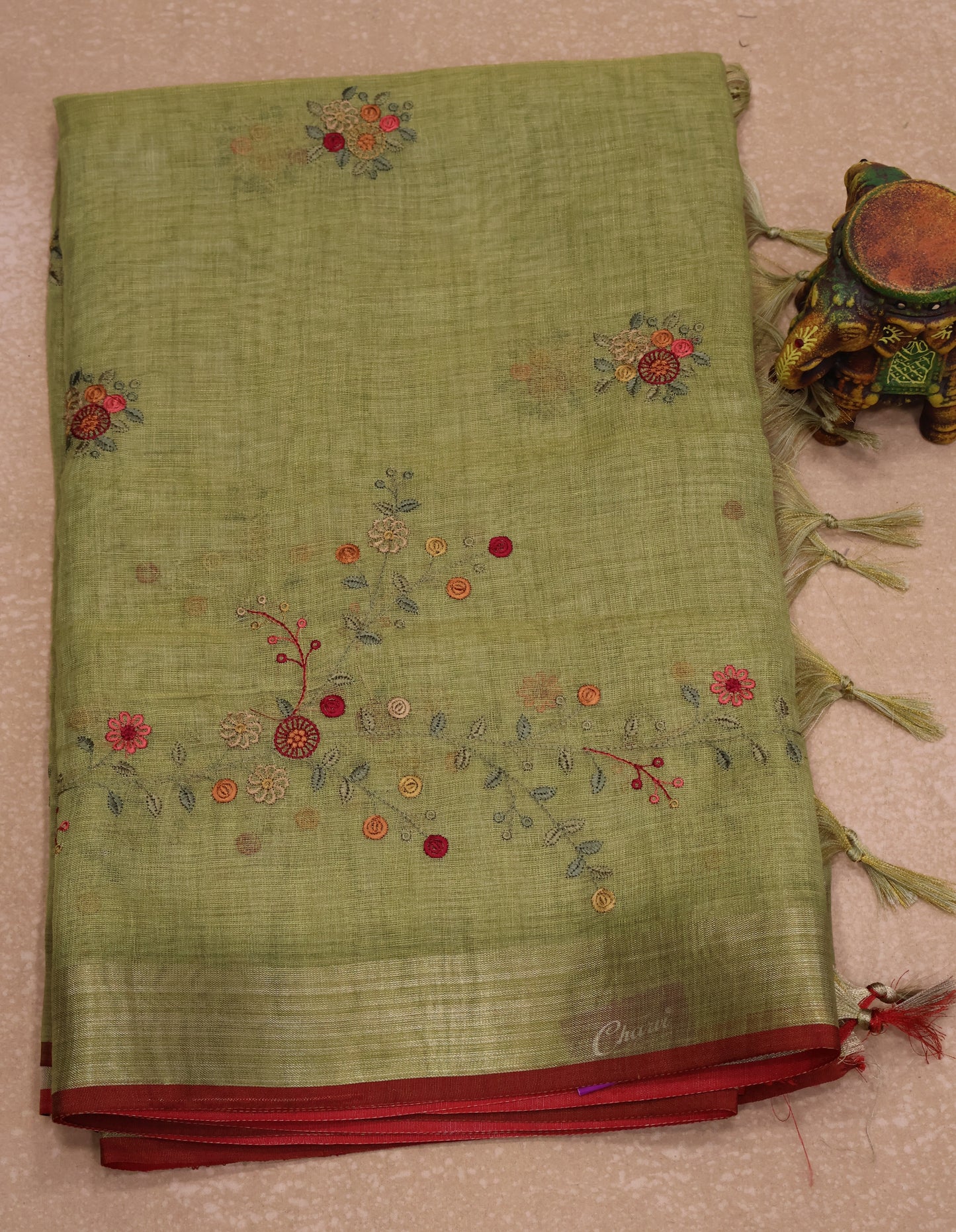 Tissue Linen Saree Floral - Light Green
