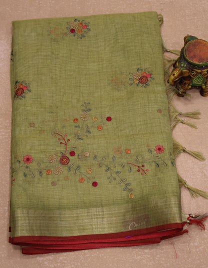 Tissue Linen Saree Floral - Light Green