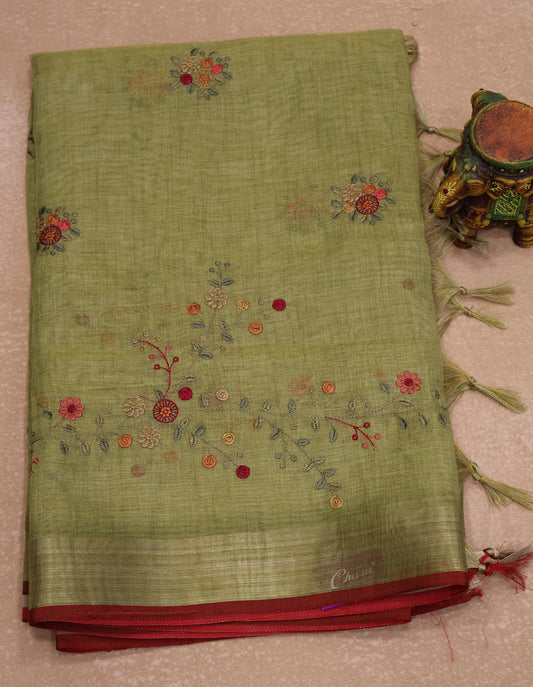 Tissue Linen Saree Floral - Light Green