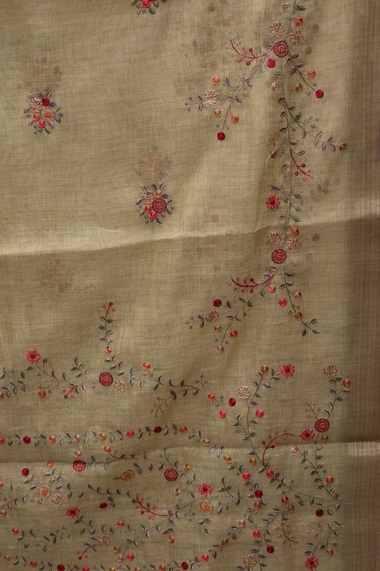 Tissue Linen Saree Floral - Light Green