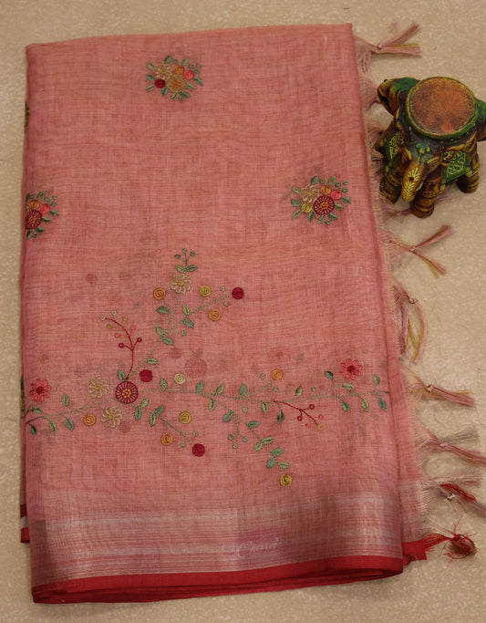 Tissue Linen Saree Floral - Red