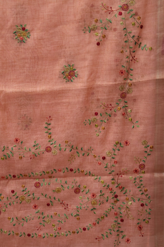 Tissue Linen Saree Floral - Red
