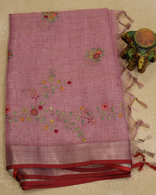 Tissue Linen Saree Floral - Dusky Rose