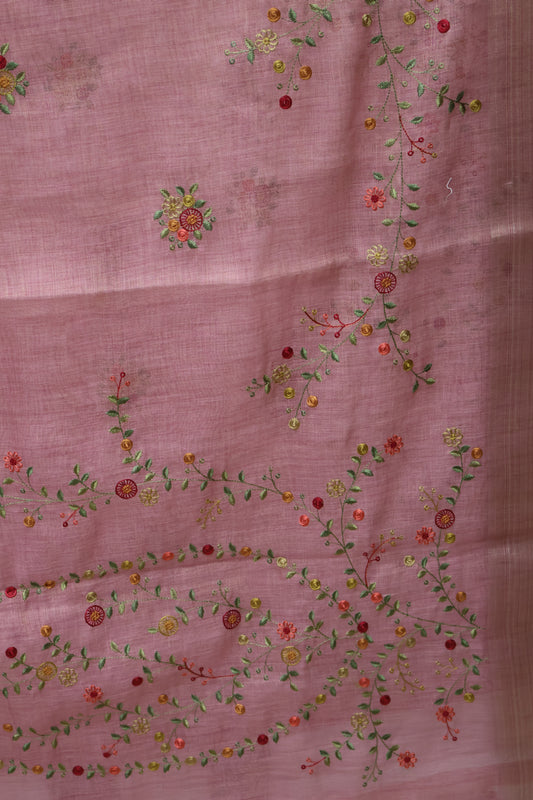 Tissue Linen Saree Floral - Dusky Rose
