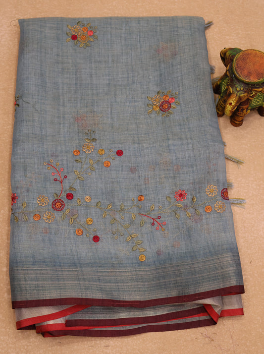 Tissue Linen Saree Floral - Sea Blue