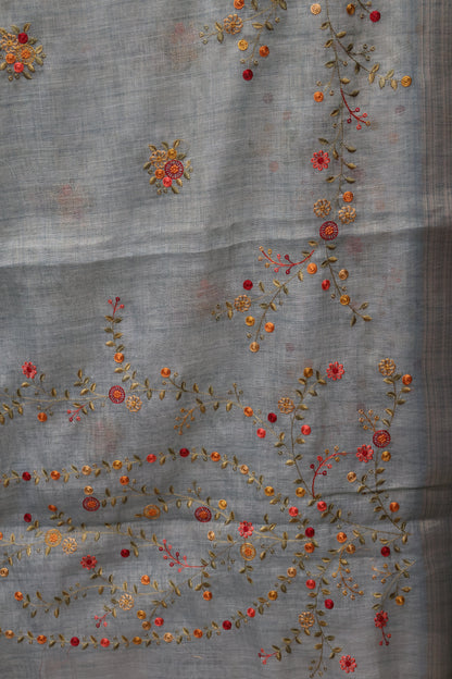 Tissue Linen Saree Floral - Sea Blue