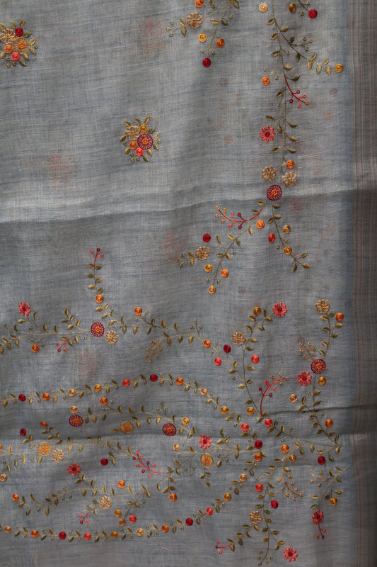 Tissue Linen Saree Floral - Sea Blue