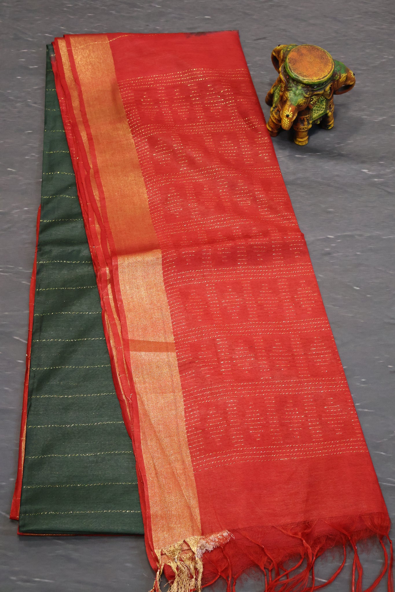 Semi Bhagalpur Tussar Saree-Green-Red