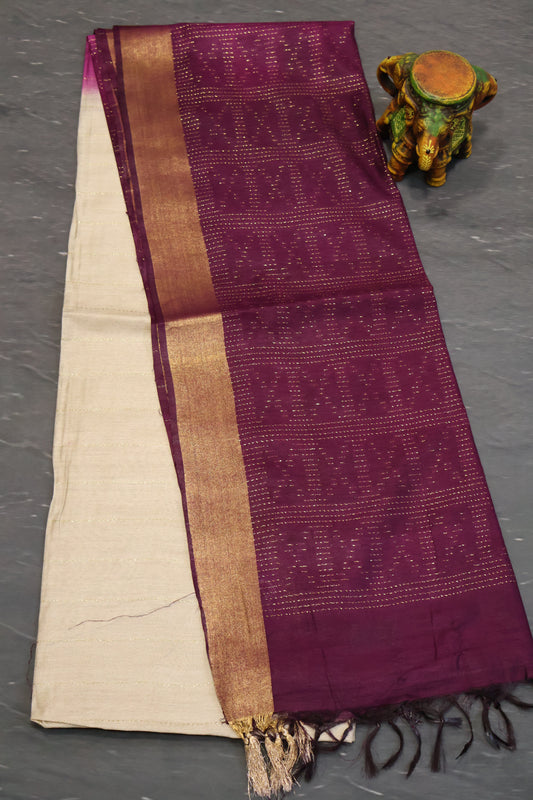 Semi Bhagalpur Tussar Saree-Off White-Wine