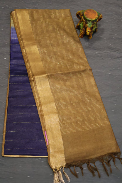Semi Bhagalpur Tussar Saree-Dark Blue-Gold