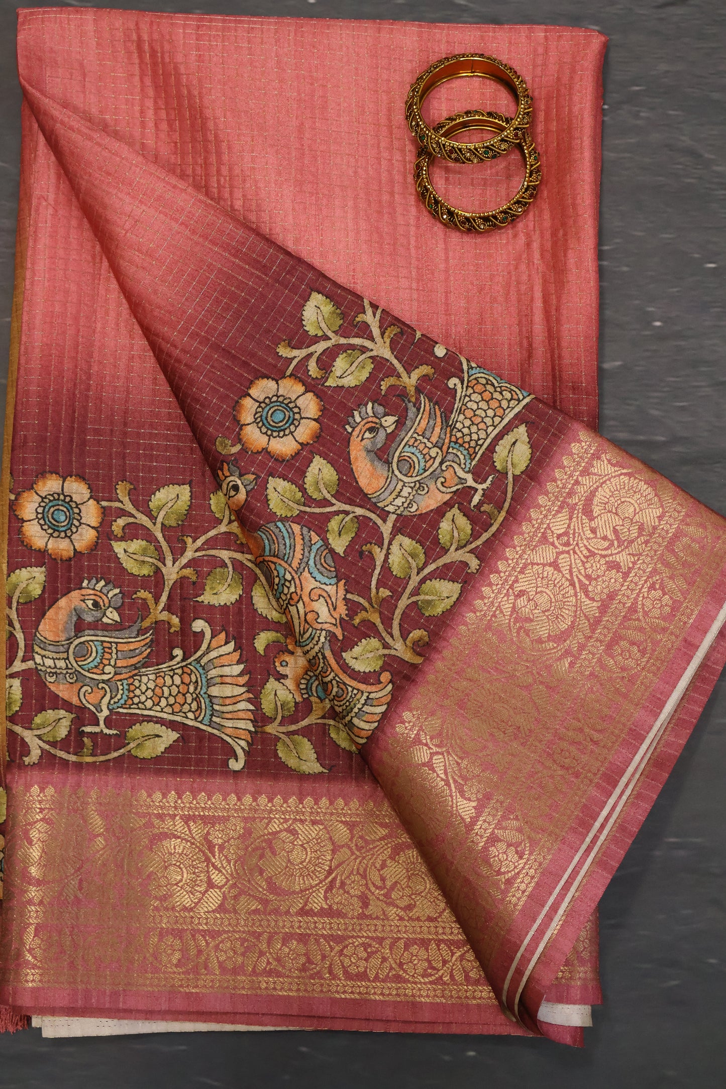Semi Dola Silk Saree-Peach Kalamkari Zari