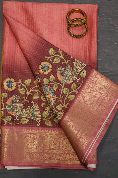 Semi Dola Silk Saree-Peach Kalamkari Zari