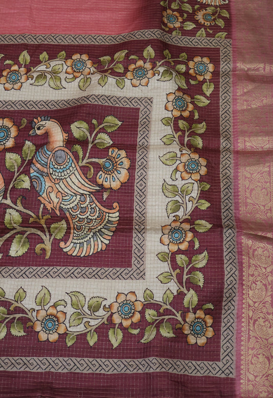 Semi Dola Silk Saree-Peach Kalamkari Zari