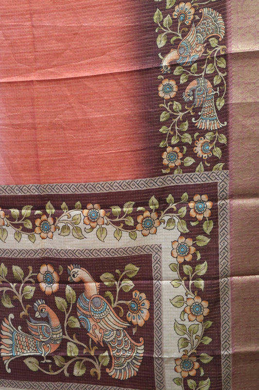Semi Dola Silk Saree-Brick Red Kalamkari Zari