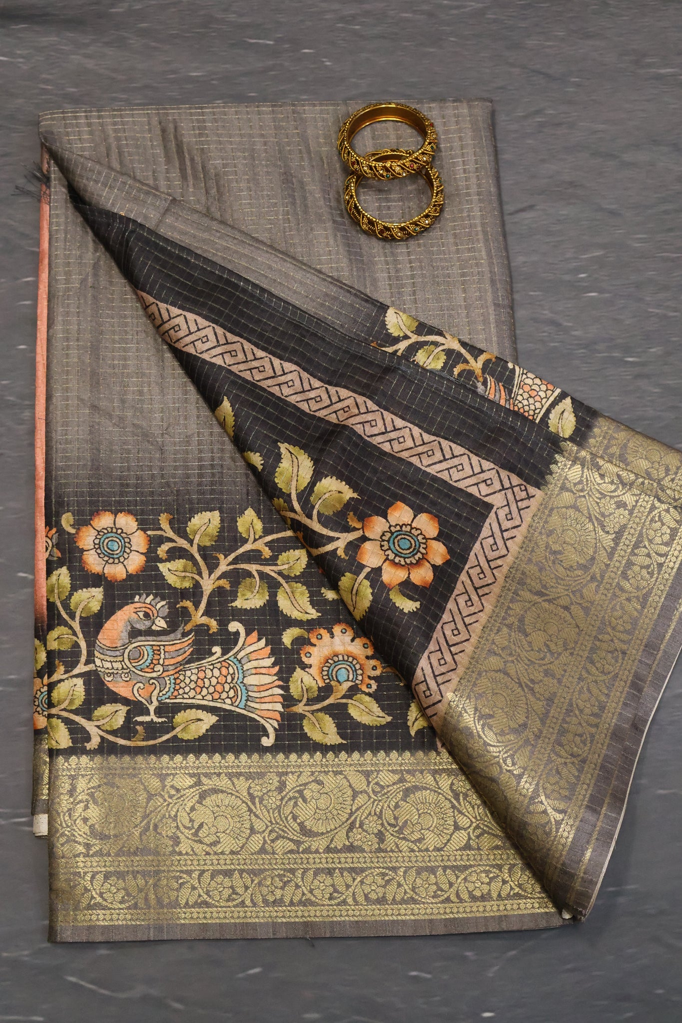 Semi Tussar Silk Saree-Brick Red Kalamkari Zari