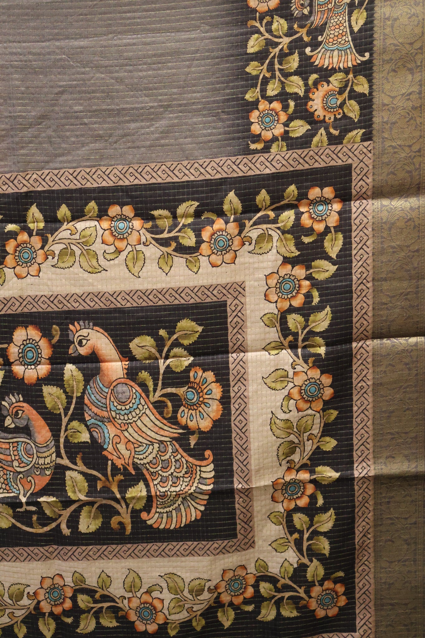 Semi Tussar Silk Saree-Brick Red Kalamkari Zari