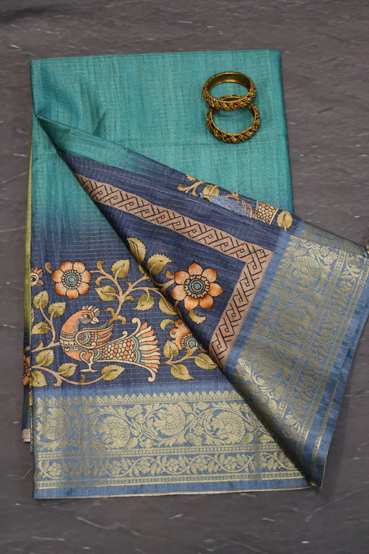 Semi Dola Silk Saree-Green Kalamkari Zari