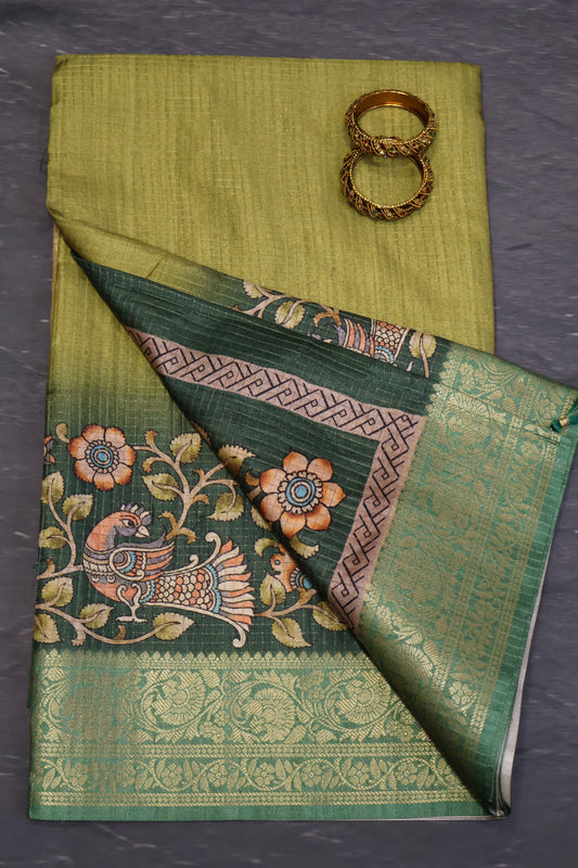 Semi Dola Silk Saree-Mehandi Green Kalamkari Zari