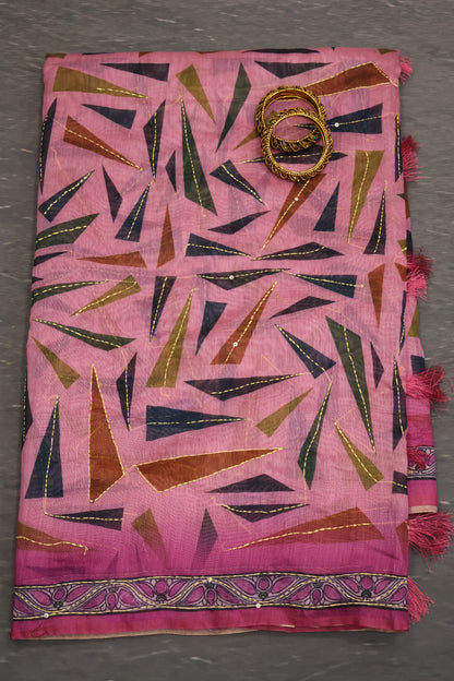 Semi Chanderi Saree- Pale Orange Geometric Border