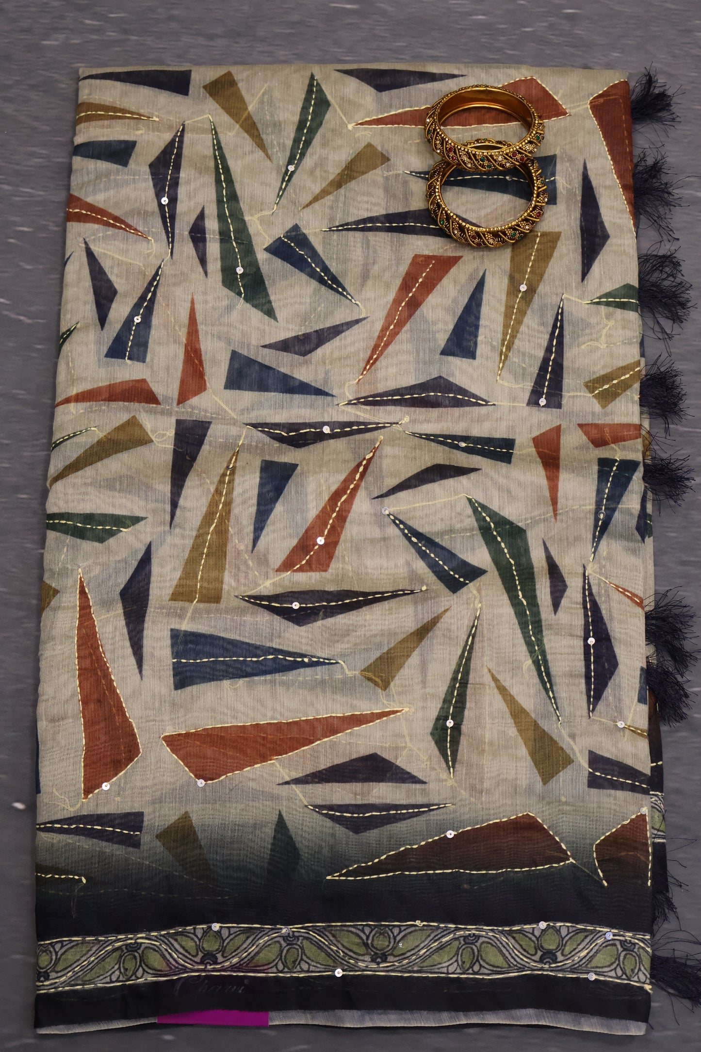 Semi Chanderi Saree- Beige Geometric Border
