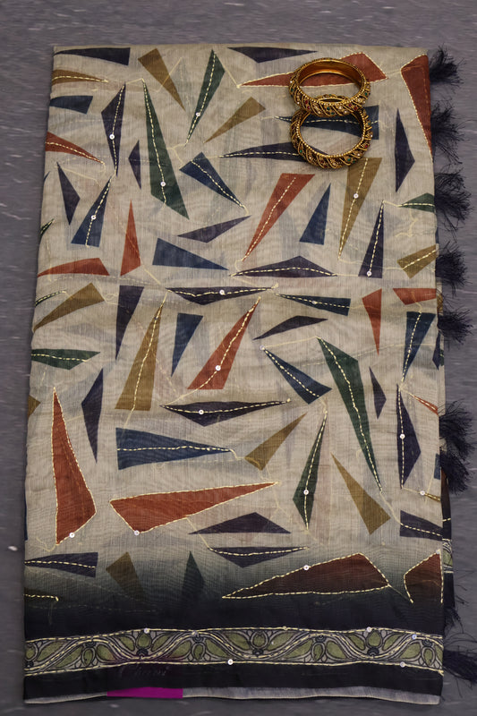 Semi Chanderi Saree- Beige Geometric Border