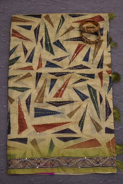 Semi Chanderi Saree-Lime Green Geometric Border