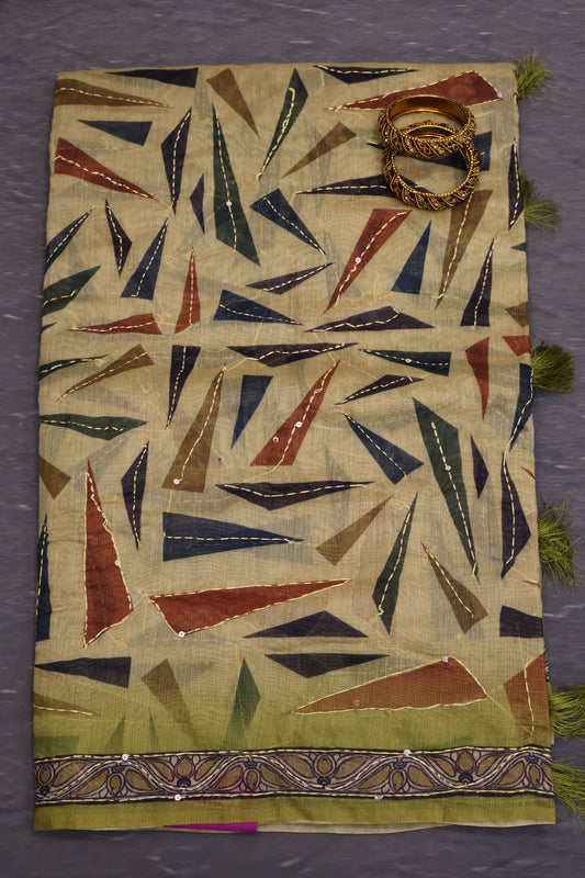 Semi Chanderi Saree-Lime Green Geometric Border