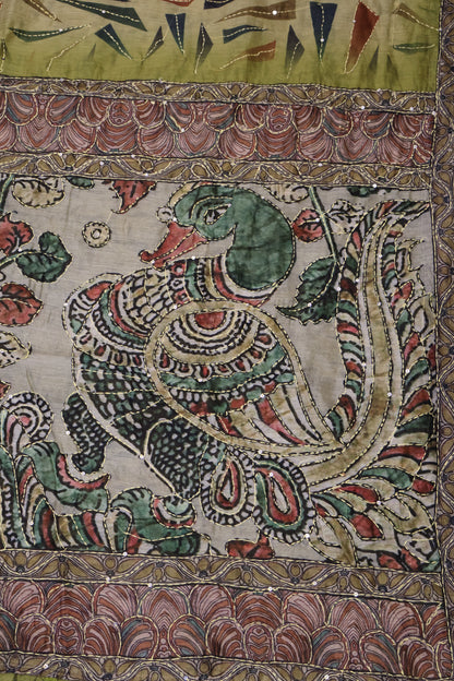 Semi Chanderi Saree-Lime Green Geometric Border