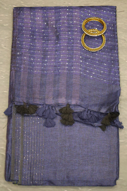 Linen Saree -Navy Blue Wavy Chumki