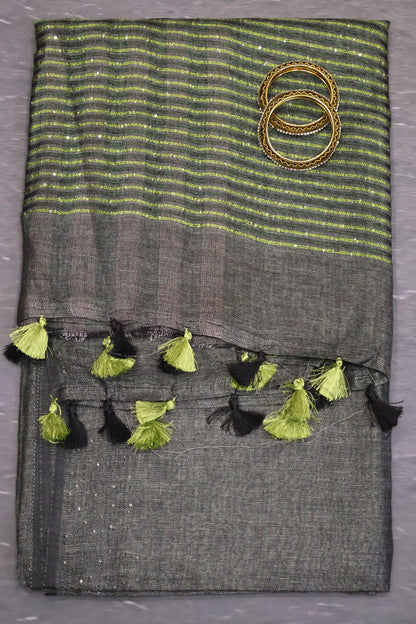 Linen Saree -Green Wavy Chumki