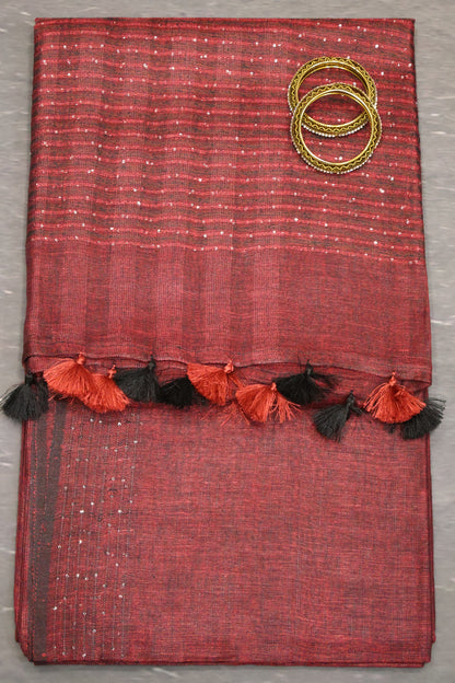 Linen Saree -Maroon Wavy Chumki
