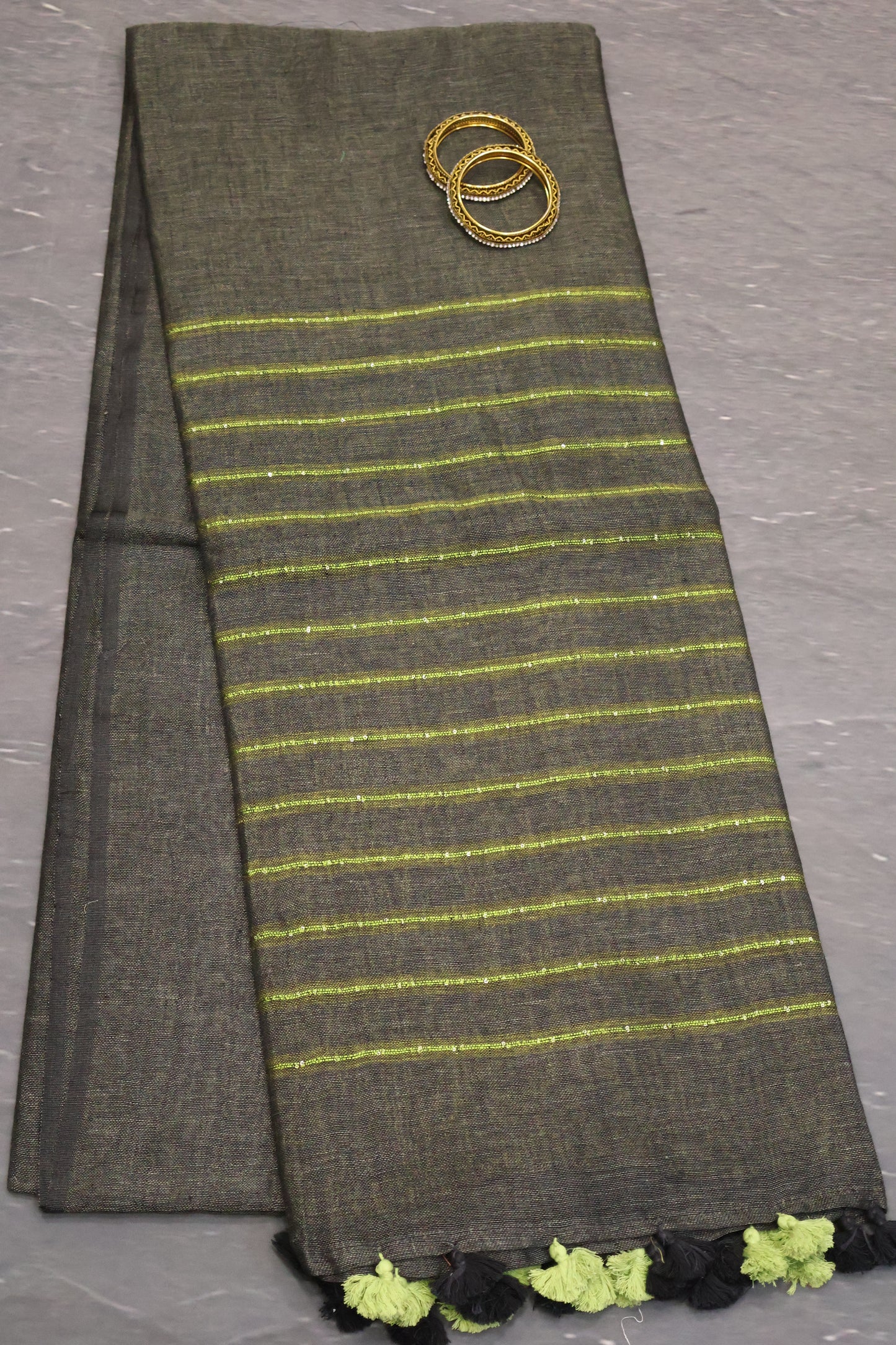 Linen Saree -Dark Mehandi Green Chumki Work