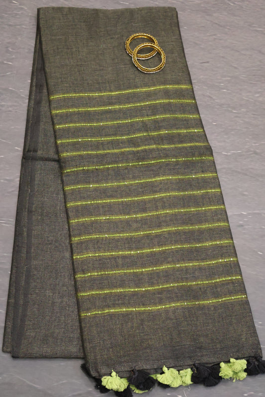 Linen Saree -Dark Mehandi Green Chumki Work