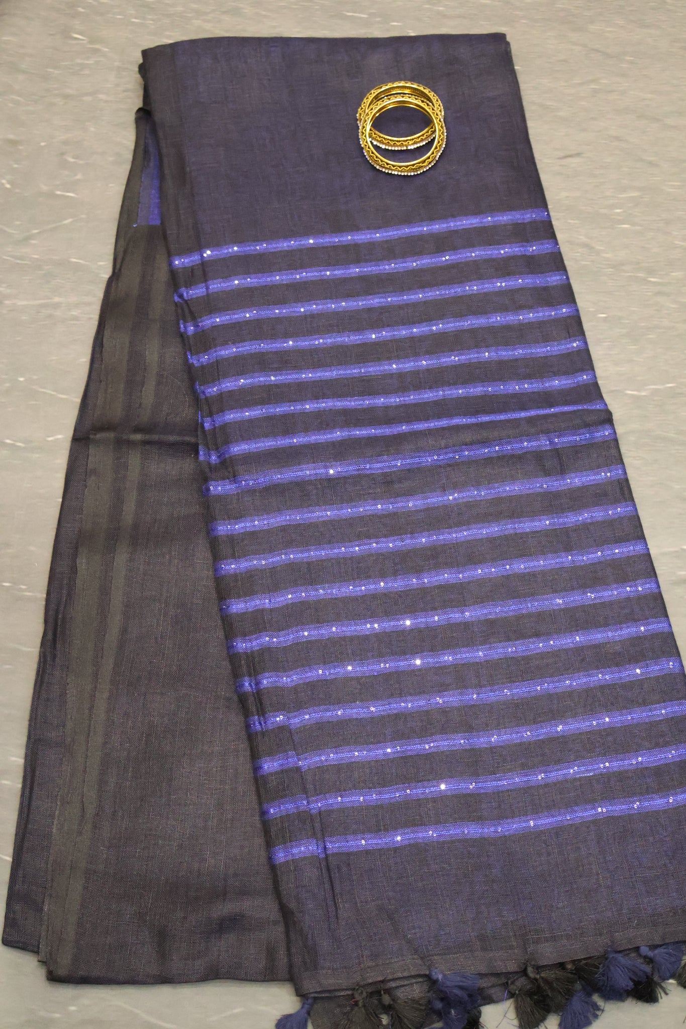 Linen Saree -Navy Blue Chumki Work