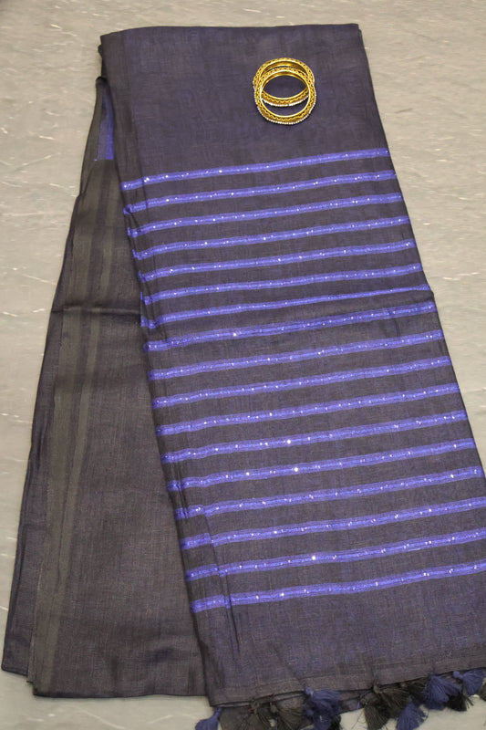 Linen Saree -Navy Blue Chumki Work
