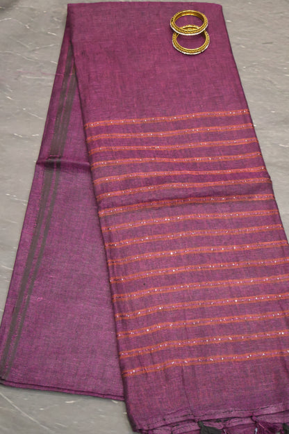 Linen Saree -Purple Chumki Work