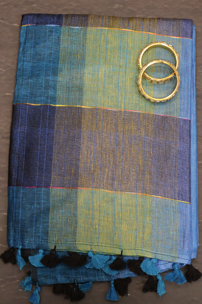 Linen Saree -Sky Blue Zari Line