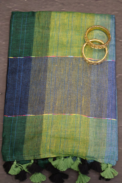 Linen Saree -Green Blue Zari Line