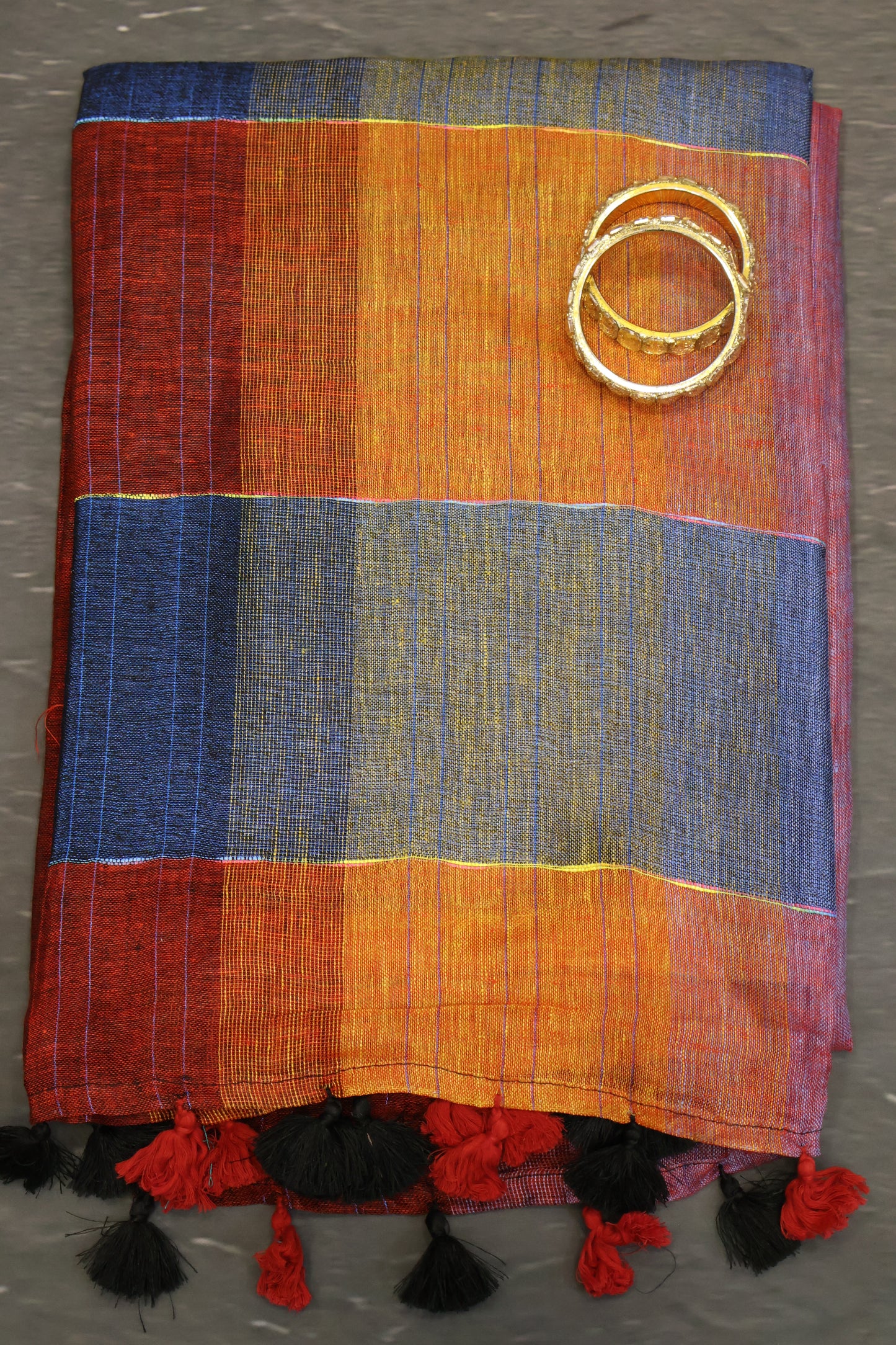 Linen Saree -Maroon Blue Zari Line