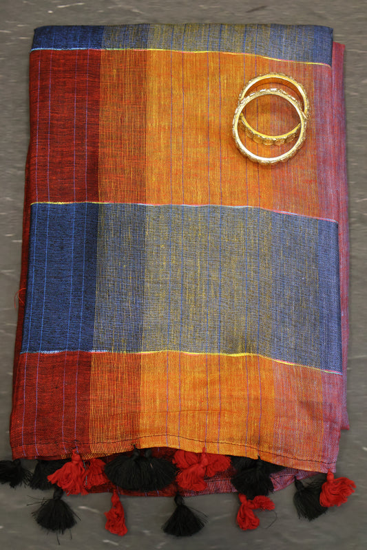 Linen Saree -Maroon Blue Zari Line