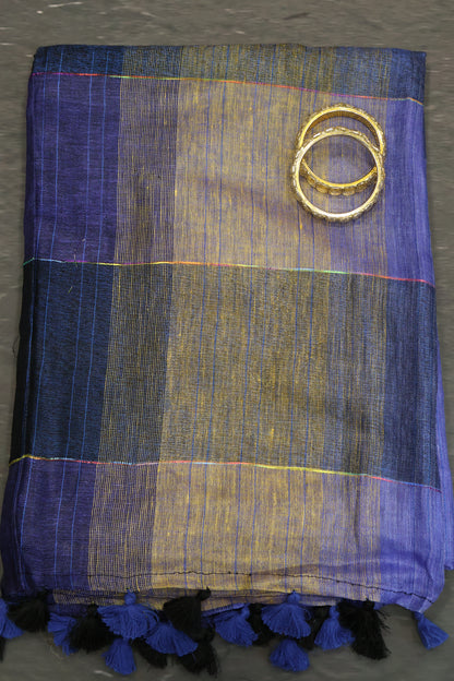 Linen Saree -Ink Blue Zari Line