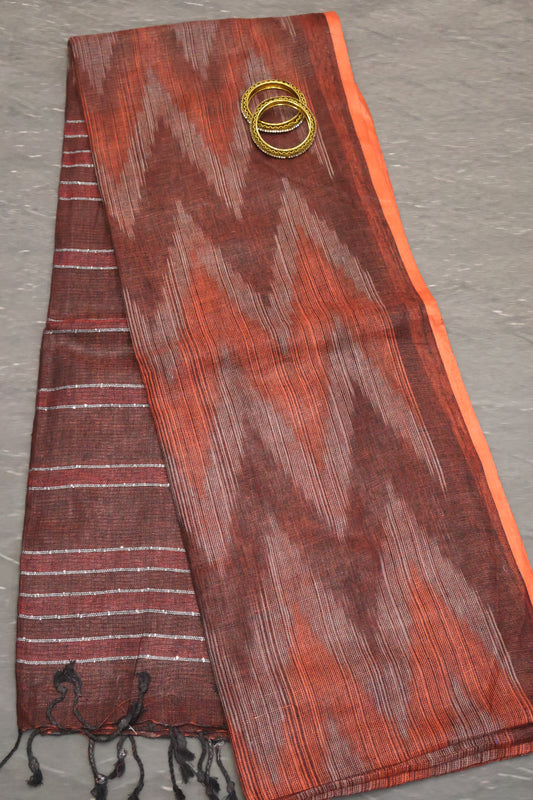 Linen Saree -Maroon Double Colour Zari